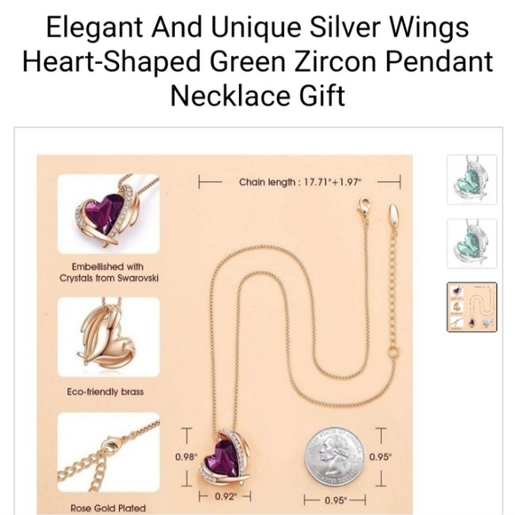 New Elegant Silver Plated Wings Heart Shaped Green Zircon Pendant and Necklace - Picture 2 of 4